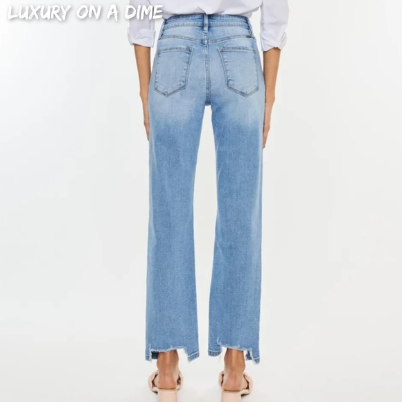 KanCan High-Rise Waist Distressed Raw Hem Wide Straight Leg Mom Denim Jean Pants - Picture 5 of 14
